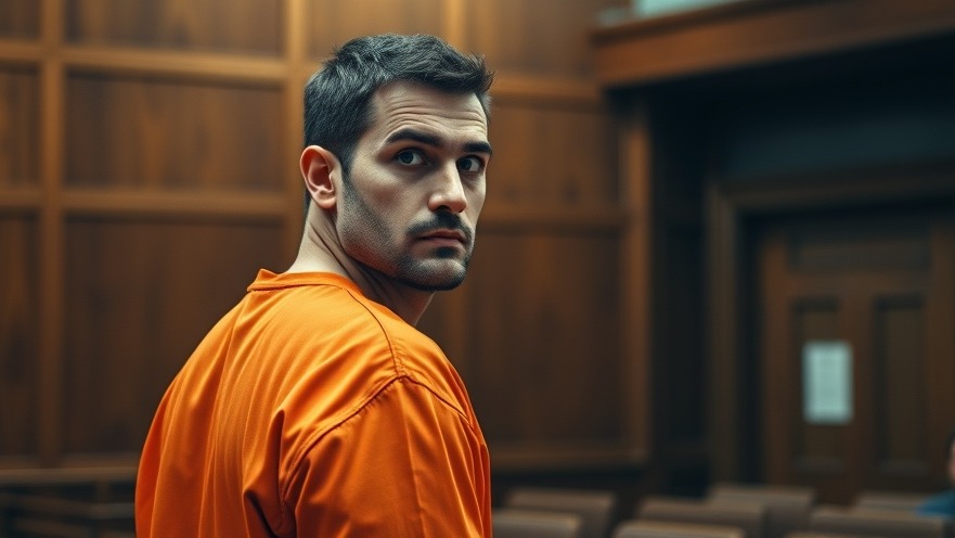 Serious man in orange jumpsuit at parole hearing, highlighting rehabilitation and family support.