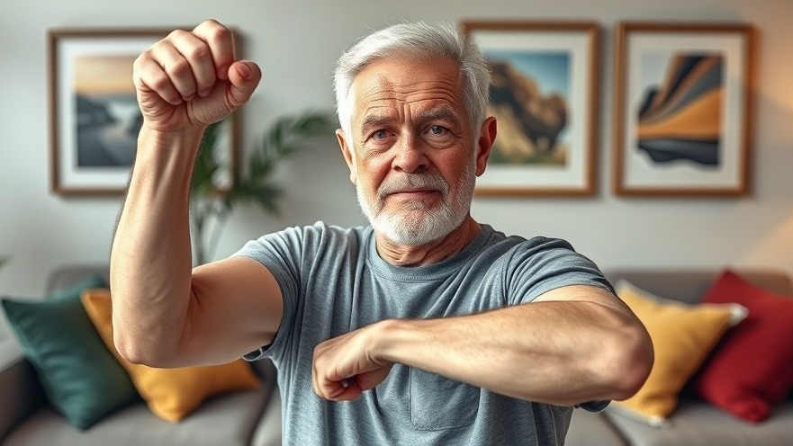 Senior man practicing yoga for mental wellness in a vibrant living room.