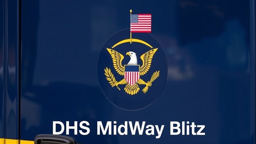 Detailed close-up of a dark blue ICE vehicle door highlighting 'DHS MidWay Blitz' amidst community response to ICE.