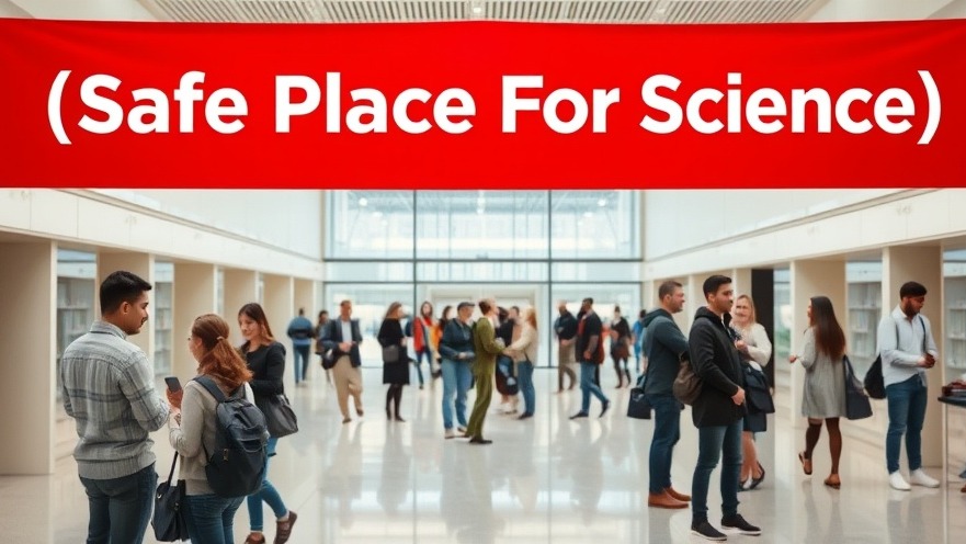Bright red banner at Aix-Marseille University promoting 'Safe Place For Science' amidst engaging conversations.