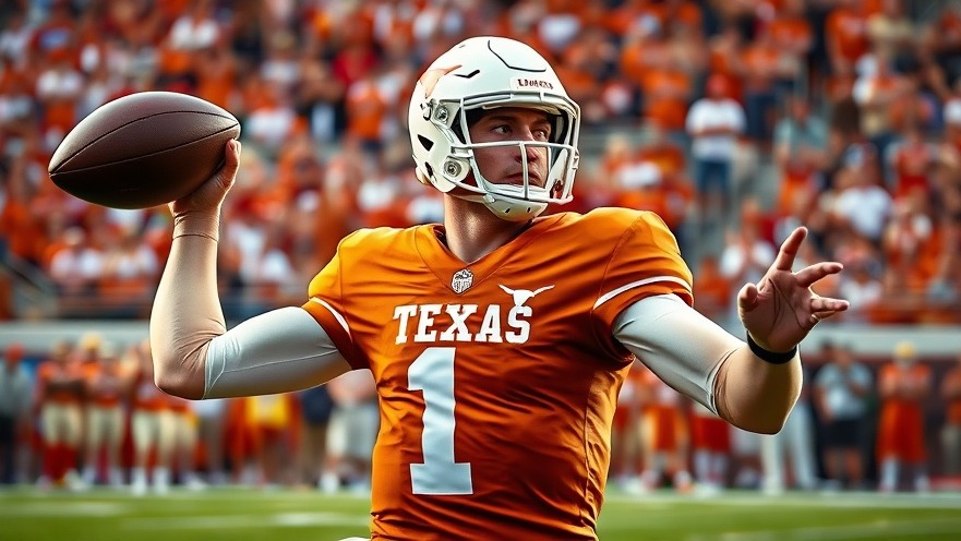 Dynamic young quarterback in Texas Longhorns jersey practicing throw, capturing college football news.