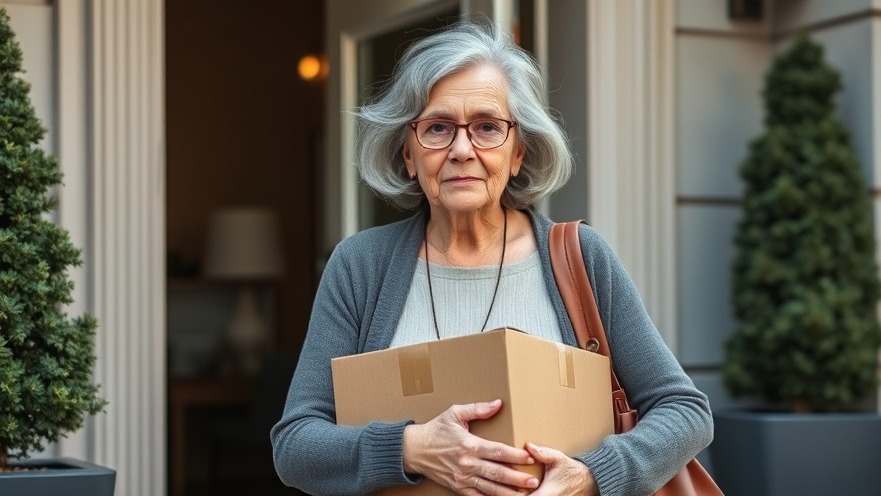 Gray-haired woman leaving with belongings, embodying public health leadership and resilience.