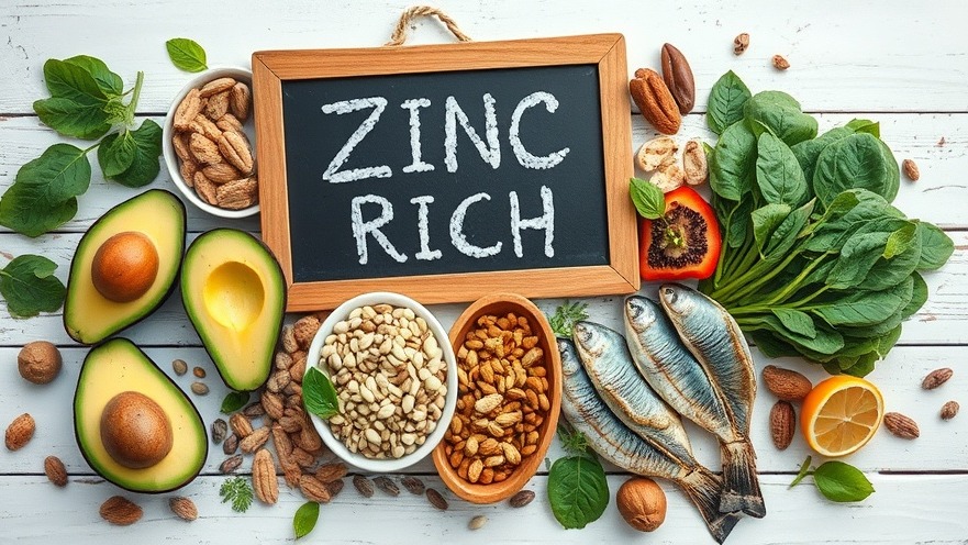 Vibrant zinc-rich foods: avocados, nuts, and seafood for natural health tips.
