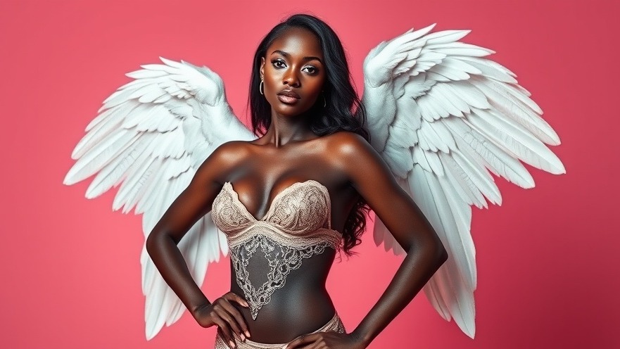 Sports fashion model WNBA star Angel Reese in glamorous lingerie with angel wings.