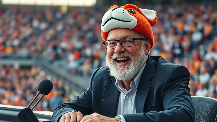 Joyful sports commentator in mascot headgear at a vibrant college football broadcast desk.