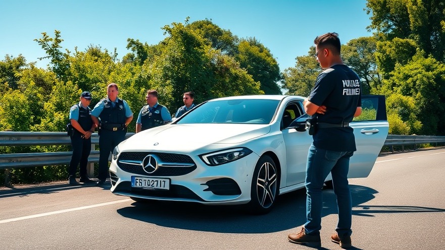 Photorealistic image of a Mercedes-Benz A220 with police officers, highlighting federal task forces and community safety.
