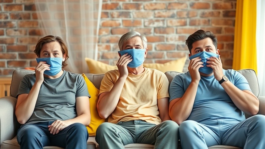 Three relaxed individuals with blue compresses in a cozy living room promoting mental health awareness.