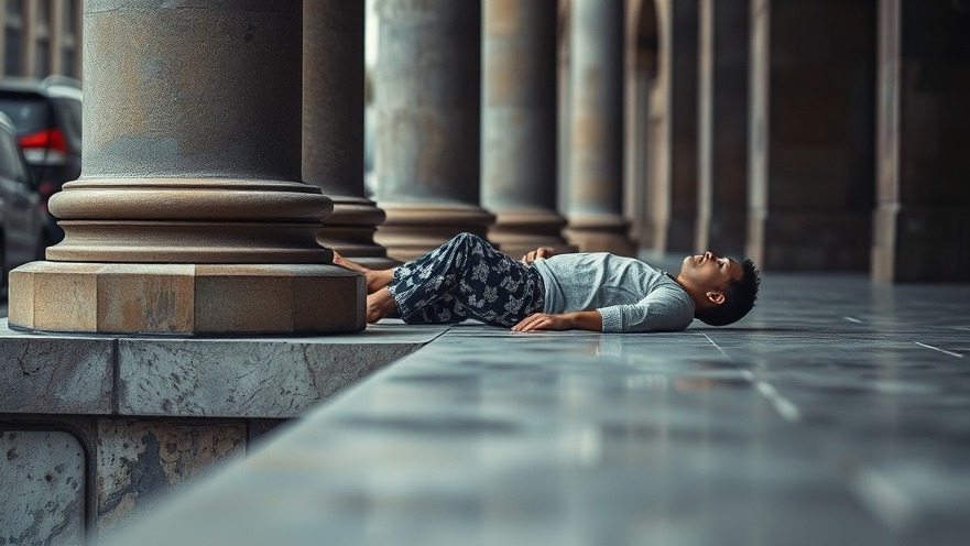 Person resting on a stone ledge, reflecting homelessness in San Antonio's urban landscape.