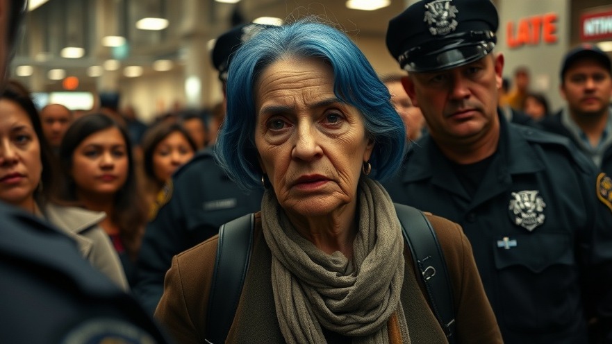 Older woman with blue hair escorted by police at immigration policy protests near Trump Tower.