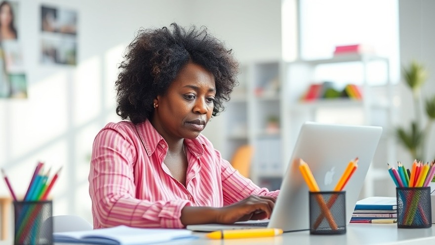 Older black woman enhancing health literacy improvement while working on laptop.