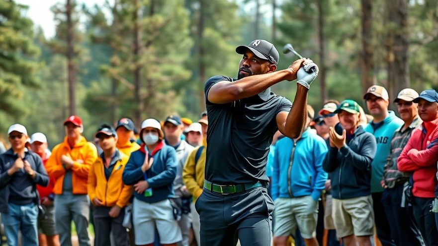 LeBron James demonstrating golf swing tips at an outdoor sports event amidst vibrant spectators.