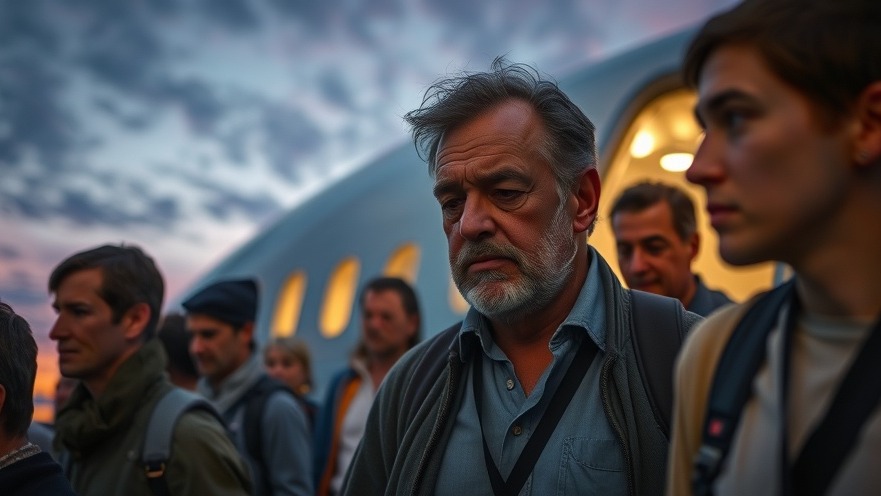 Sad man disembarking plane highlights immigration policies and treatment of migrants.