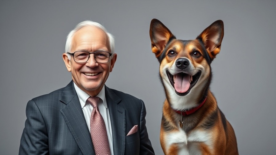 Smiling older man with dog promotes nutrition for longevity and taurine benefits.