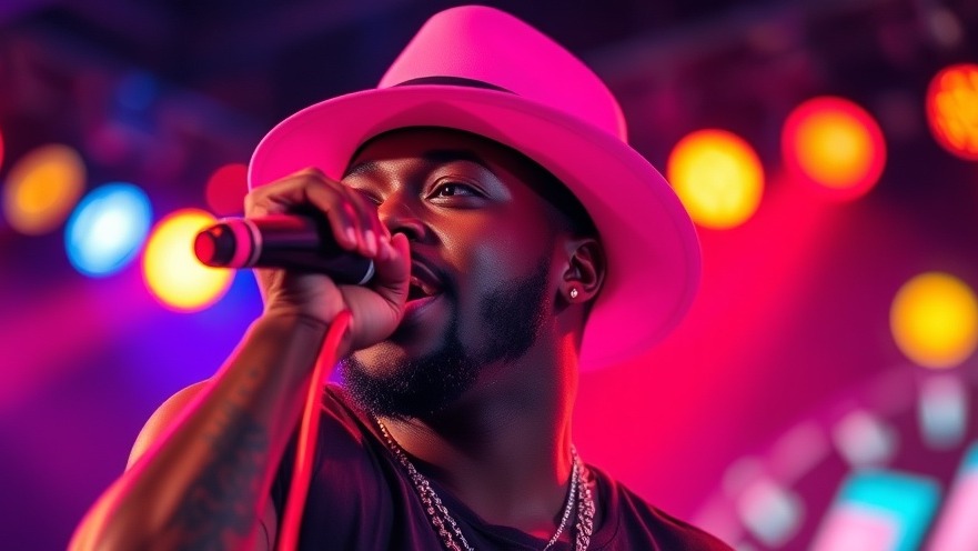 Young black man in pink hat performing on stage at San Antonio events, vibrant colors.