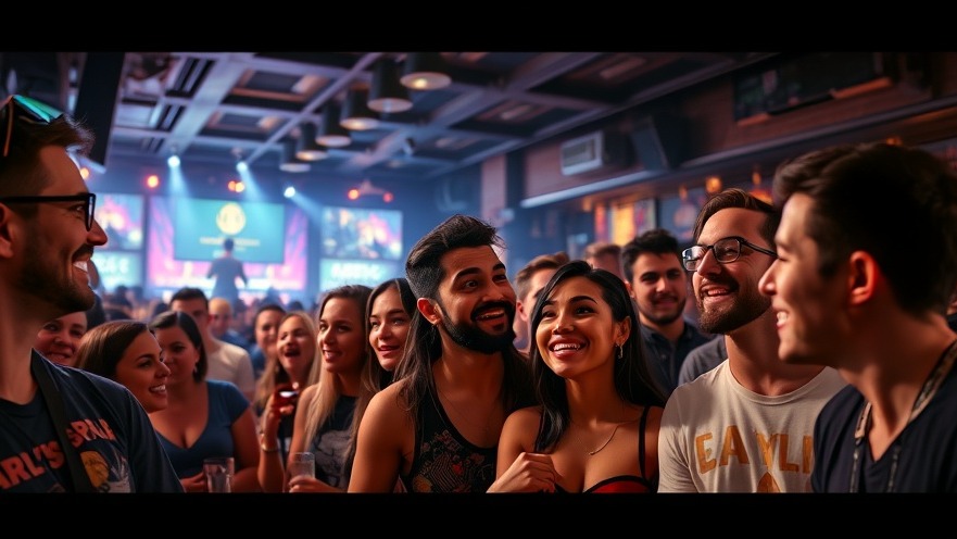 Diverse fans discussing fantasy football picks in a vibrant bar during Super Bowl 2025.