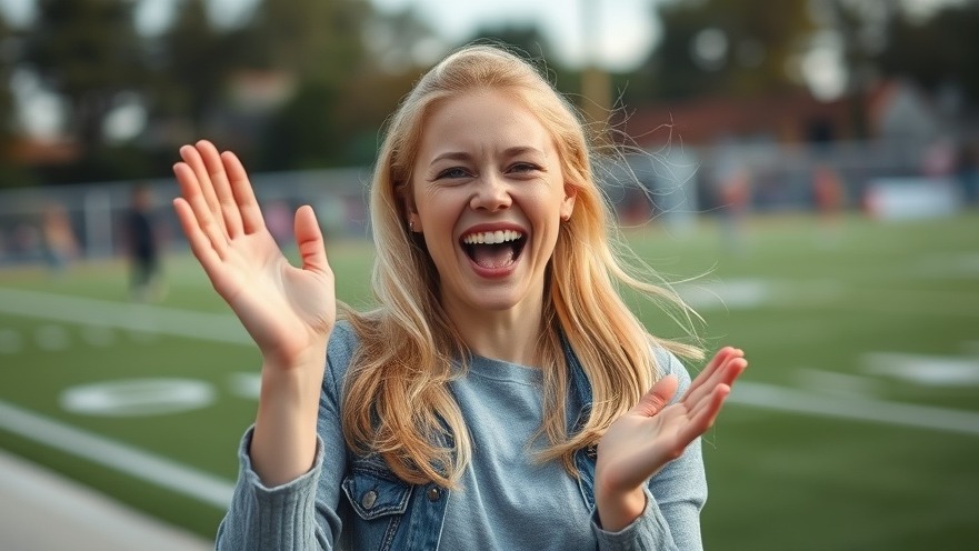 Excited woman cheering for female empowerment in sports with a blurred field background.