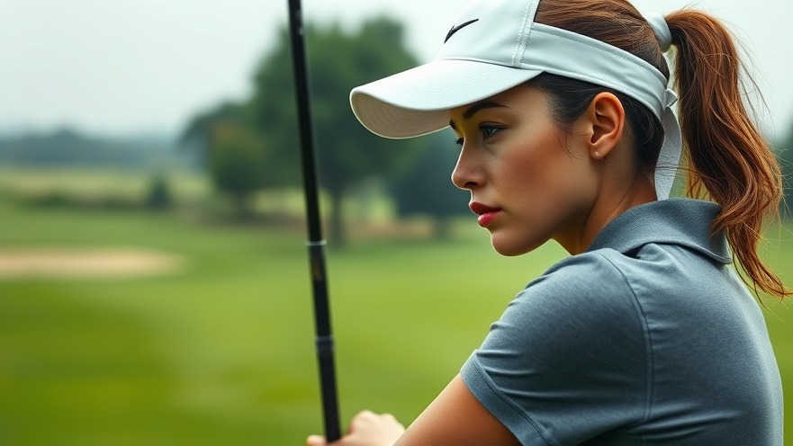 Focused female golfer showcasing mental resilience in sports on a lush green course.