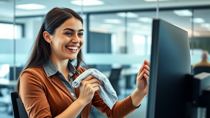Cheerful woman cleaning her office computer, promoting health and wellness products.