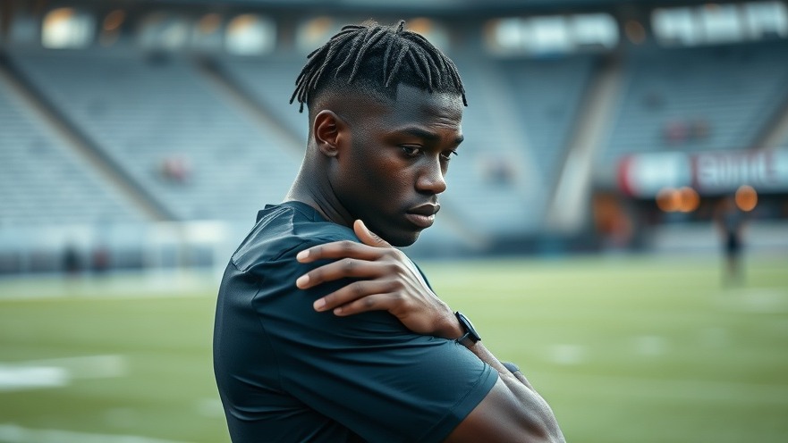 Young black football player adjusting sleeve during practice, showcasing college football scores.