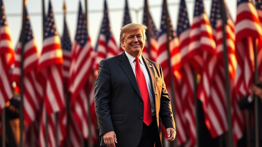 Trump at July 4 picnic, smiling in suit and red hat, amidst vibrant American flags.