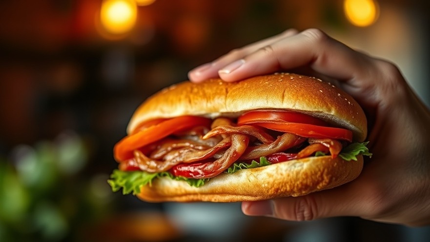 Close-up of sub sandwich showcasing the Austin food scene, promoting local businesses.