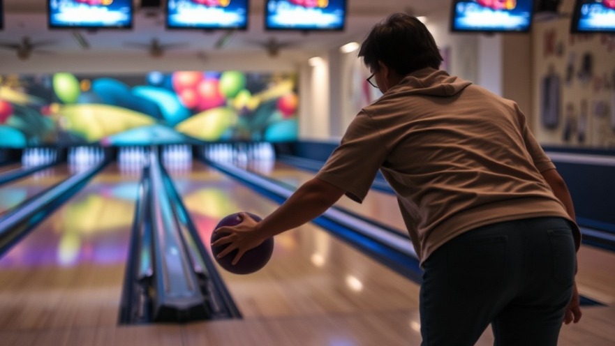 Person bowling at a vibrant San Antonio entertainment venue.