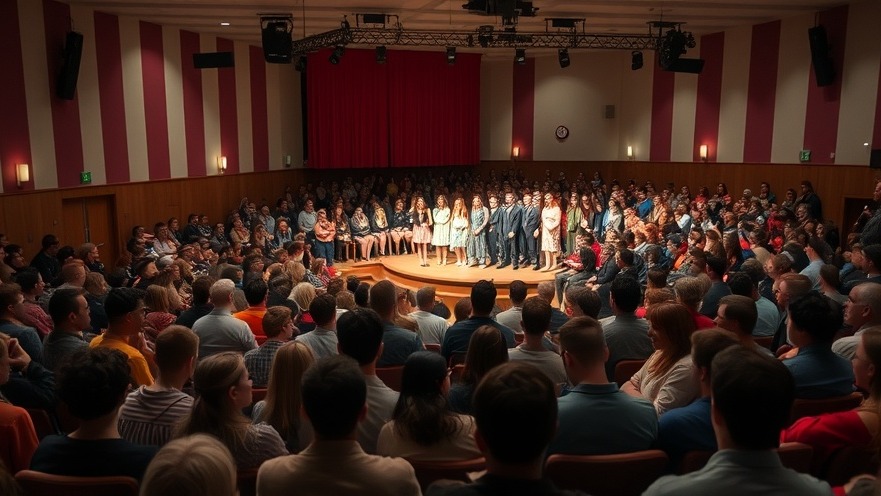 Crowded school auditorium with actors on stage, showcasing local news in Austin.