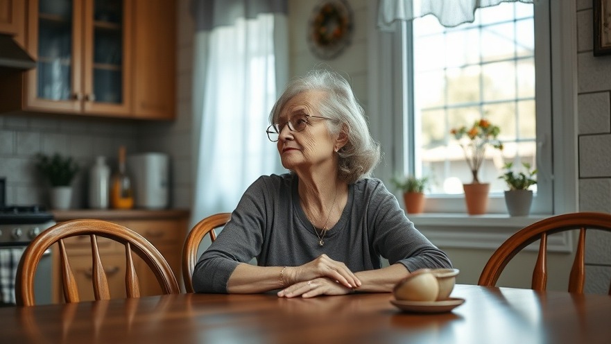 Thoughtful older woman at kitchen table, reflecting on life.