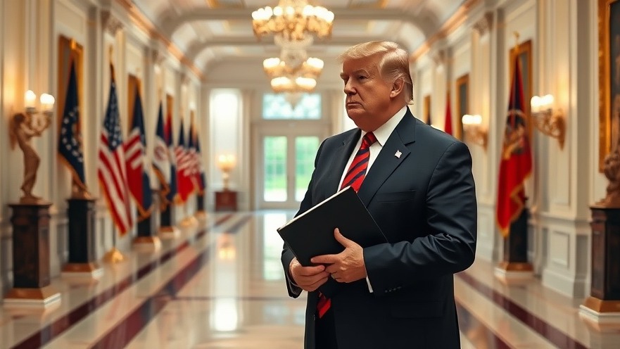 Trump in elegant hallway, holding folder, reflecting current events in America.