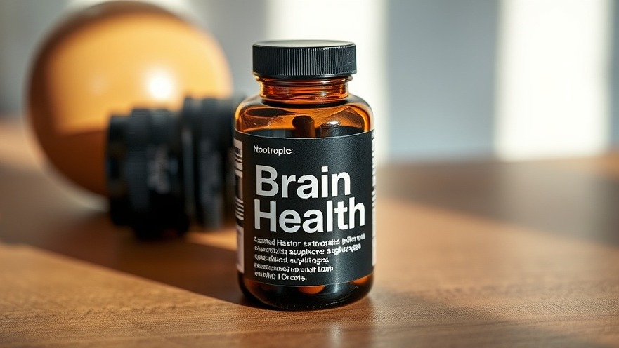 Nootropic supplement bottle labeled 'Brain Health' for mental wellness products.