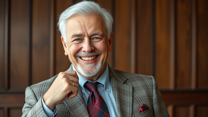 Cheerful older game show host in plaid suit, vibrant colors, photorealistic style.
