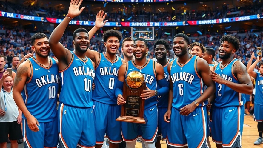 Oklahoma Thunder team celebrates NBA highlights with championship trophy, vibrant atmosphere.