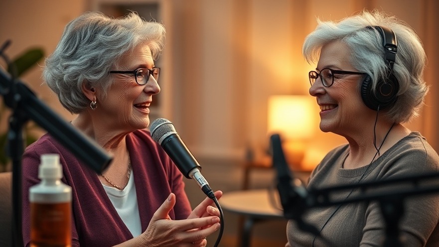 Two older women in a podcast studio discussing anti-aging skin care tips with a serum bottle blurred.