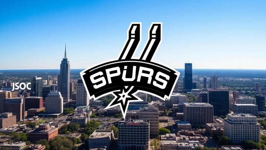 Dramatic skyline of San Antonio with Spurs logo, showcasing cityscape and Tower of the Americas.