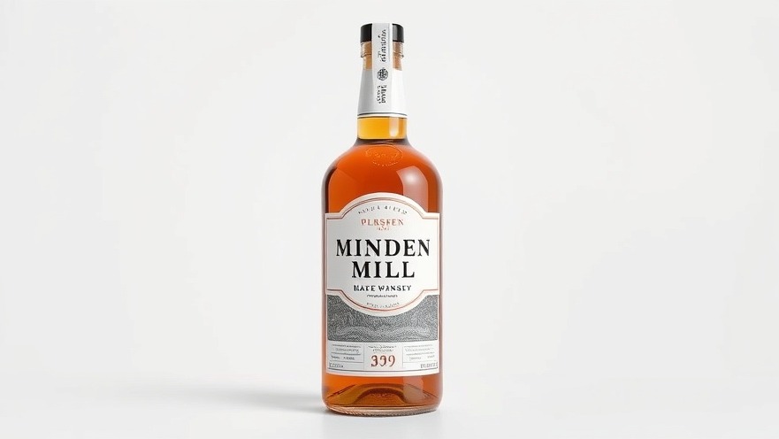 Sleek 'Minden Mill' craft whiskey bottle with elegant label on pure white background.