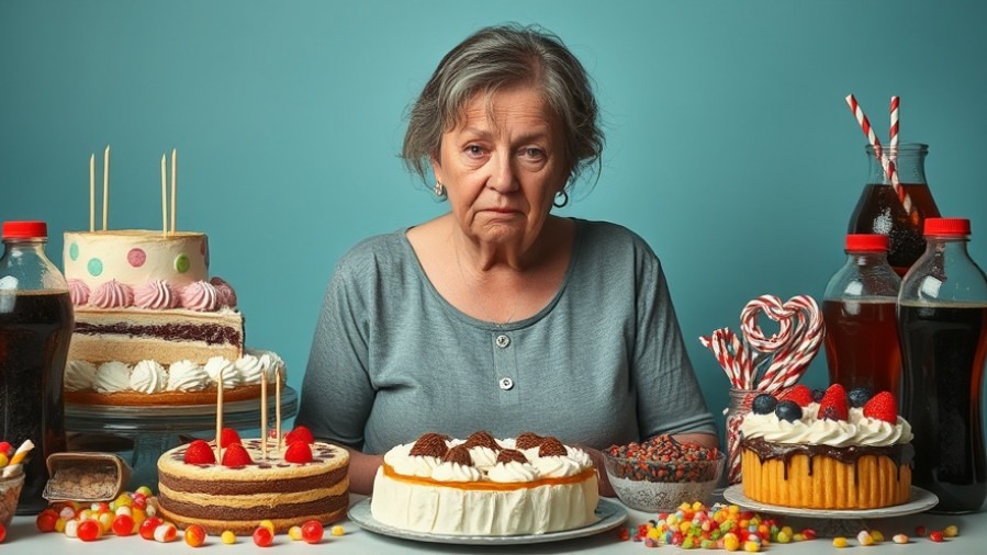 Sad middle-aged woman with sweets, exploring stress relief techniques for seniors.
