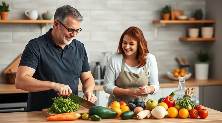 Smiling middle-aged couple chopping vegetables in a bright kitchen.
