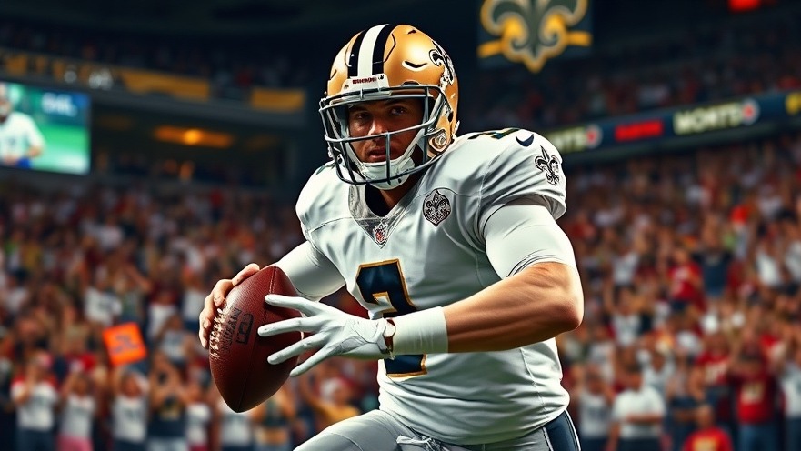Determined NFL quarterback in New Orleans Saints uniform making crucial decisions.