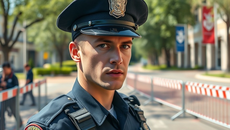 Police officer on college campus, illustrating campus security costs amid political violence education.
