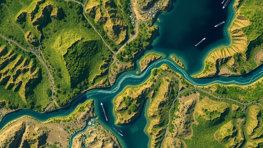 Aerial view of a river map highlighting Texas flooding issues and flood safety awareness.