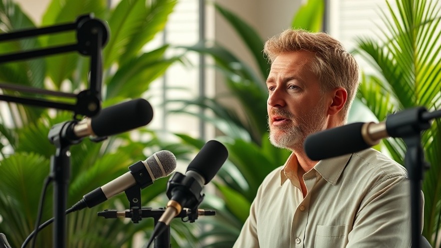 Person discussing healthy aging nutrition in a vibrant podcast setting with tropical plants.