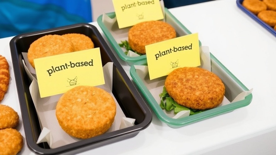 Trays of plant-based products promoting nutrition for seniors with vibrant colors.