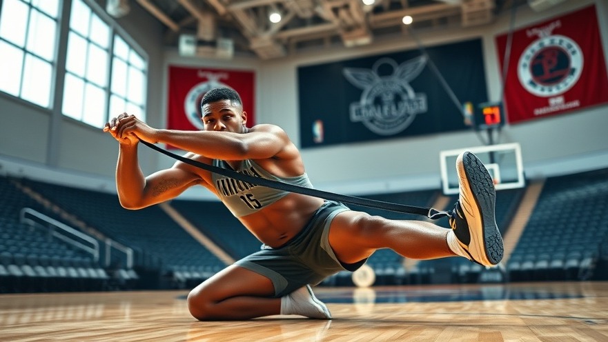 Athlete stretching for wellness and self-care on a vibrant basketball court.