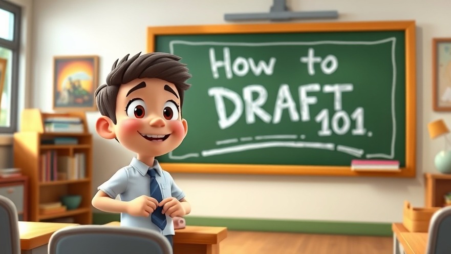 Colorful 3D Pixar cartoon teaching fantasy football picks in a classroom, NFL draft rumors.