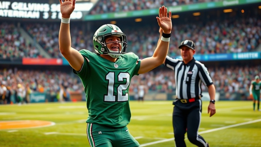 Excited football player in green jersey celebrates touchdown, showcasing NCAA recruiting updates.