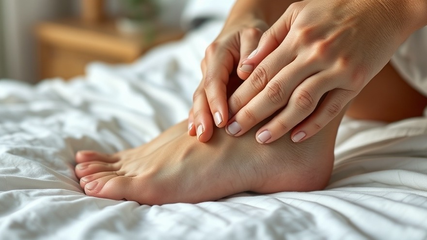 Close-up of hands massaging foot for pressure relief in a cozy bedroom, promoting health and wellness.
