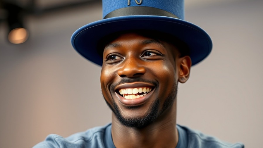 Smiling man in blue hat discussing NFL playoffs, showcasing dynamic engagement.