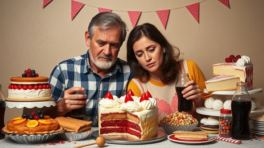 Sad middle-aged couple with sweets, reflecting on sugar cravings and health impact.