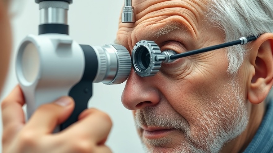 Older man receiving eye health innovations exam with optometrist adjusting lenses.