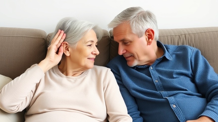 Older couple on couch, cupping ears, enjoying each other's company.